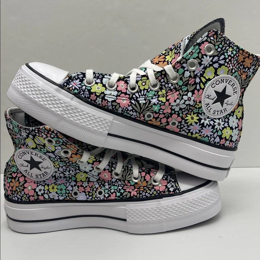 Converse Floral Platform High Top Sneakers - Black with Pastel Flowers